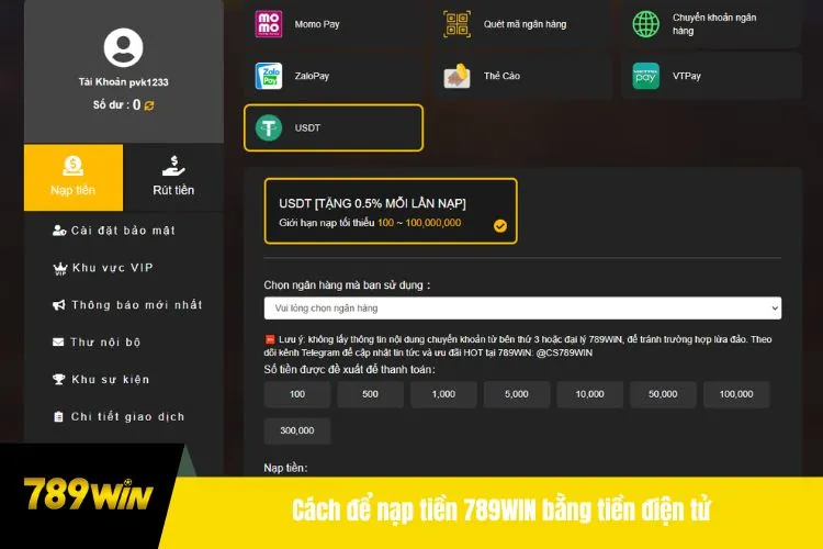 Cách để nạp tiền 789WIN bằng tiền điện tử