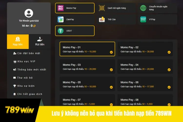 Lưu ý không nên bỏ qua khi tiến hành nạp tiền 789WIN